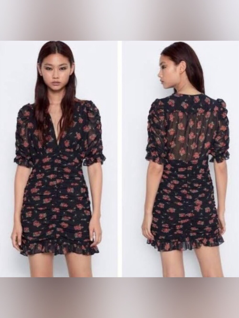 Zara Floral Print Ruched Puff Sleeve Mini Dress Size XXL